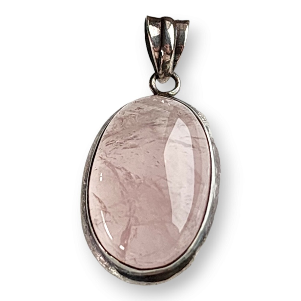 Vintage Sterling Silver 925 Pink Rose Quartz Large Oval Cabochon Pendant